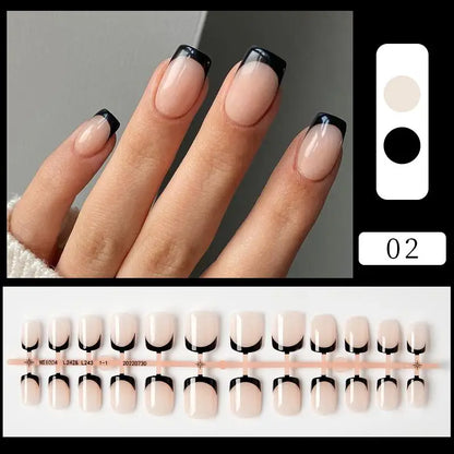 24pcs Short Sqaure Fake Nails for Summer Black Lace Press on Nail Simple False Nail Tips