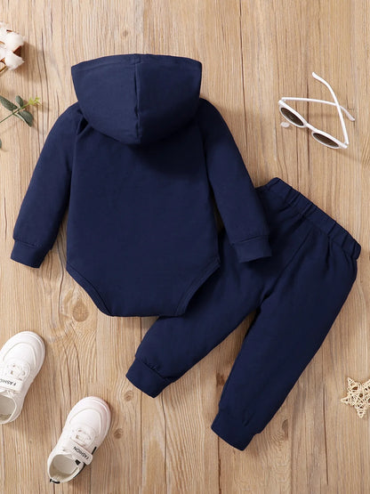 0-2 Years Newborn Baby Boy Hooded Suit 2Pcs Set Long Sleeve Letter Bodysuit+Pants Toddler Boy Autumn Sport Style Sweatsuit