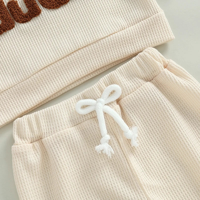 Toddler Boy Girl Waffle Outfit Letter Embroidery Long Sleeve Sweatshirt with Elastic Waist Solid Pants Set