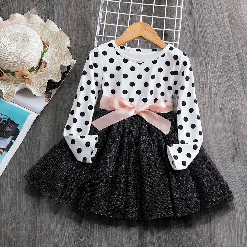 Dress for Girls Children Clothes Autumn Winter Full Sleeve Dress Birthday Party Dress Princess Polka Dot Fluffy Skirt 3-8 Years