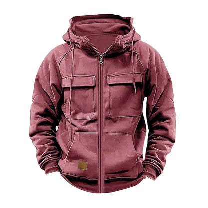 New Autumn Winter Men's Hooded Solid Hoodies Jackets Multi Pockets Male Zipper Sweatshirts Sports Outdoor Casual Hoodie Coat