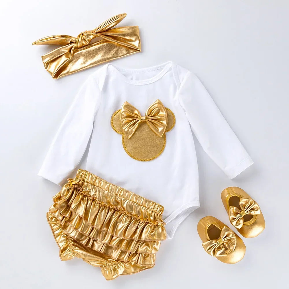 Baby Girl Jumpsuit Set of 4 pieces, Gold Bow Decoration Top, Ruffled Edge Shorts, Jumpsuit for Newborns, Set of 4 pieces/Set