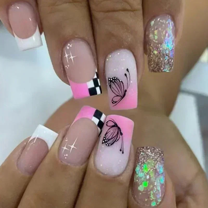 24Pcs wearable False Nails Long Coffin Press on Nails with Rhinestone colorful Flower Design Ballet artificial Fake Nails tips