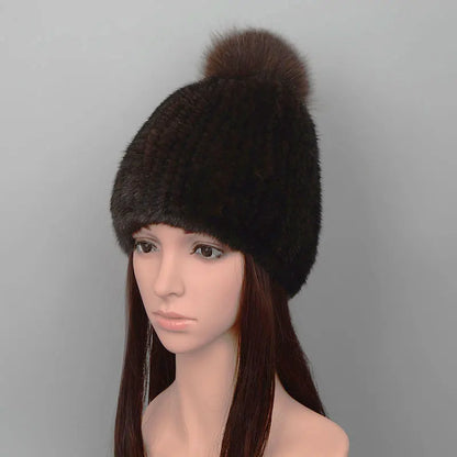 Mink Fur Knit Hat With Fox Fur Ball Winter Warm Women'S Beanie Hat 100% Natural Authentic Fur Hat Russian Women'S Hat