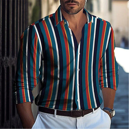 Striped Men's Business Casual 3D Printed shirt Spring/Summer lapel long sleeve Comfortable and elegant garment top