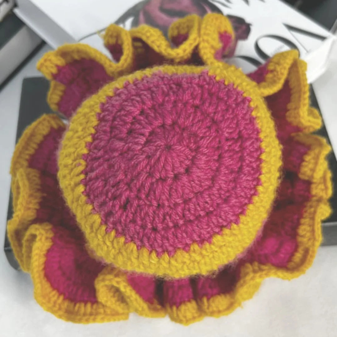 Handmade Crochet Knitted Hats Women Girl Crochet Scallop Ruffle Edge Knit Bucket Caps Adult Trendy Rainbow Striped Beach Sun Hat