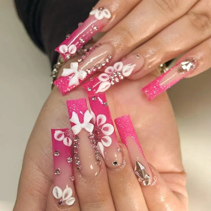 24Pcs Full Cover False Nails With Glue Long Square Coffin Fake Nails French Detachable Ballet Butterfly Pattern Design Press On