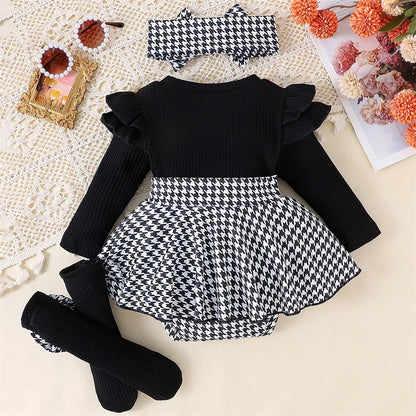 Long Sleeve Houndstooth Romper Dress with Headband and Long Socks