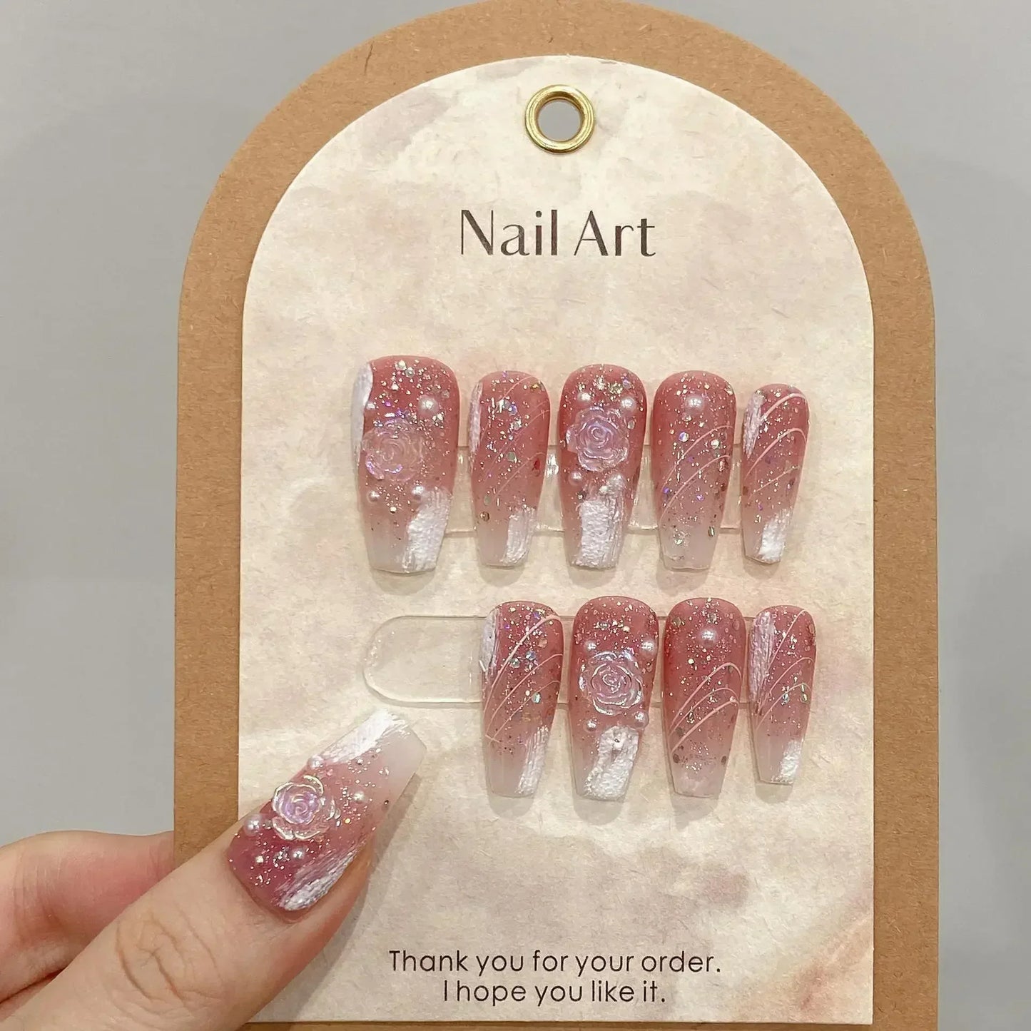 10pcs Gradient Pink Fake Nail With 3D Moon Heart Diamond Design m