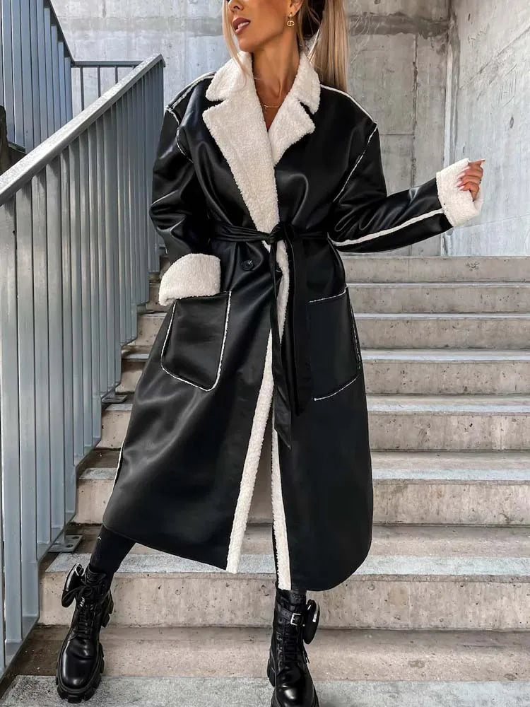 Winter PU Faux Leather Coat Long Jacket Black Thick Warm Coats