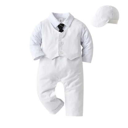 Gentleman Baby Boy Baptism Birthday Clothes Set Formal 0-18 Months Infant Romper Bow Hat 3 PCS Suit Children Christening Outfit