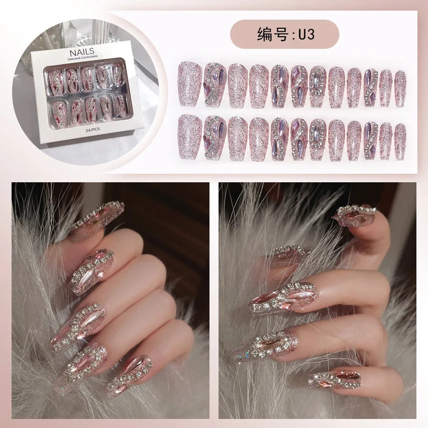 24pcs/box Luxury Pink Long Coffin Fake Nails Y2K Moon Star Rhinestones Press On Nails Handmade Full Cover Reusable False Nails