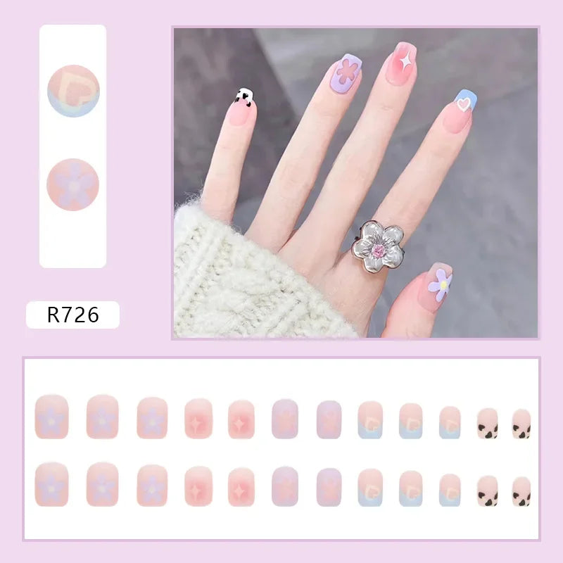 Vintage Camellia Wearable Pink Press on Fake Nails Tips with Glue False Nails Design Butterfly Lovely Girl False Nails