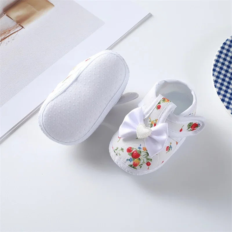 0-18months Baby Girls Flat Shoes Soft Sole Bowknot Flower Print Non-Slip