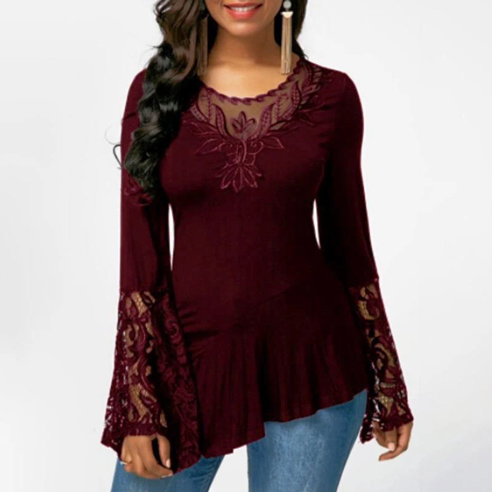 Plus Size Sexy Womens Autumn Winter Solid Pullover Long Flared Sleeve T-shirt Ladies Printed Tunic Tops Blouses Clothing 2023