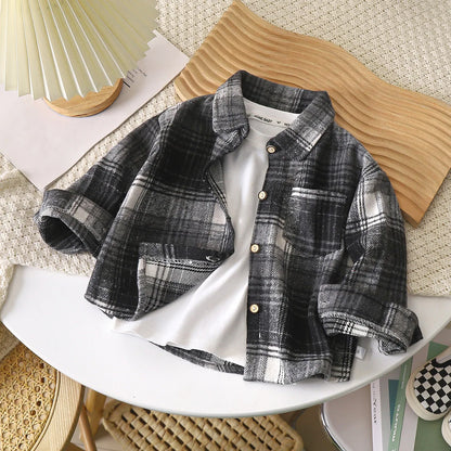 2-9Y Kids Boys Girls Spring Fall Vintage Plaid Shirt Cotton Clothing Long Sleeve Lapel Single Breasted Cardigan Base T-shirt