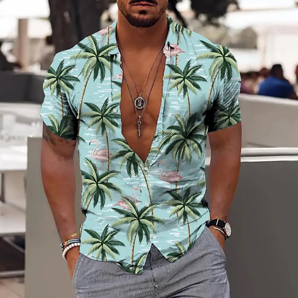Men Hawaiian Shirt Coconut Tree Print Aloha Shirt Collar Button Short Sleeve Male Clothes Beach Casual Vacation Blouse Tops