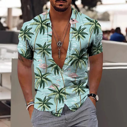 Men Hawaiian Shirt Coconut Tree Print Aloha Shirt Collar Button Short Sleeve Male Clothes Beach Casual Vacation Blouse Tops