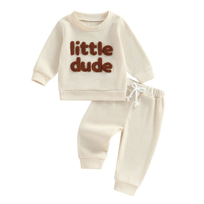 Toddler Boy Girl Waffle Outfit Letter Embroidery Long Sleeve Sweatshirt with Elastic Waist Solid Pants Set