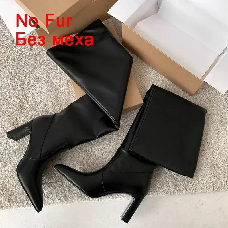 JOZHAMTA Size 34-43 Knee Boots For Women Real Leather Thick High Heels Winter Shoes Fall Fashion 2025