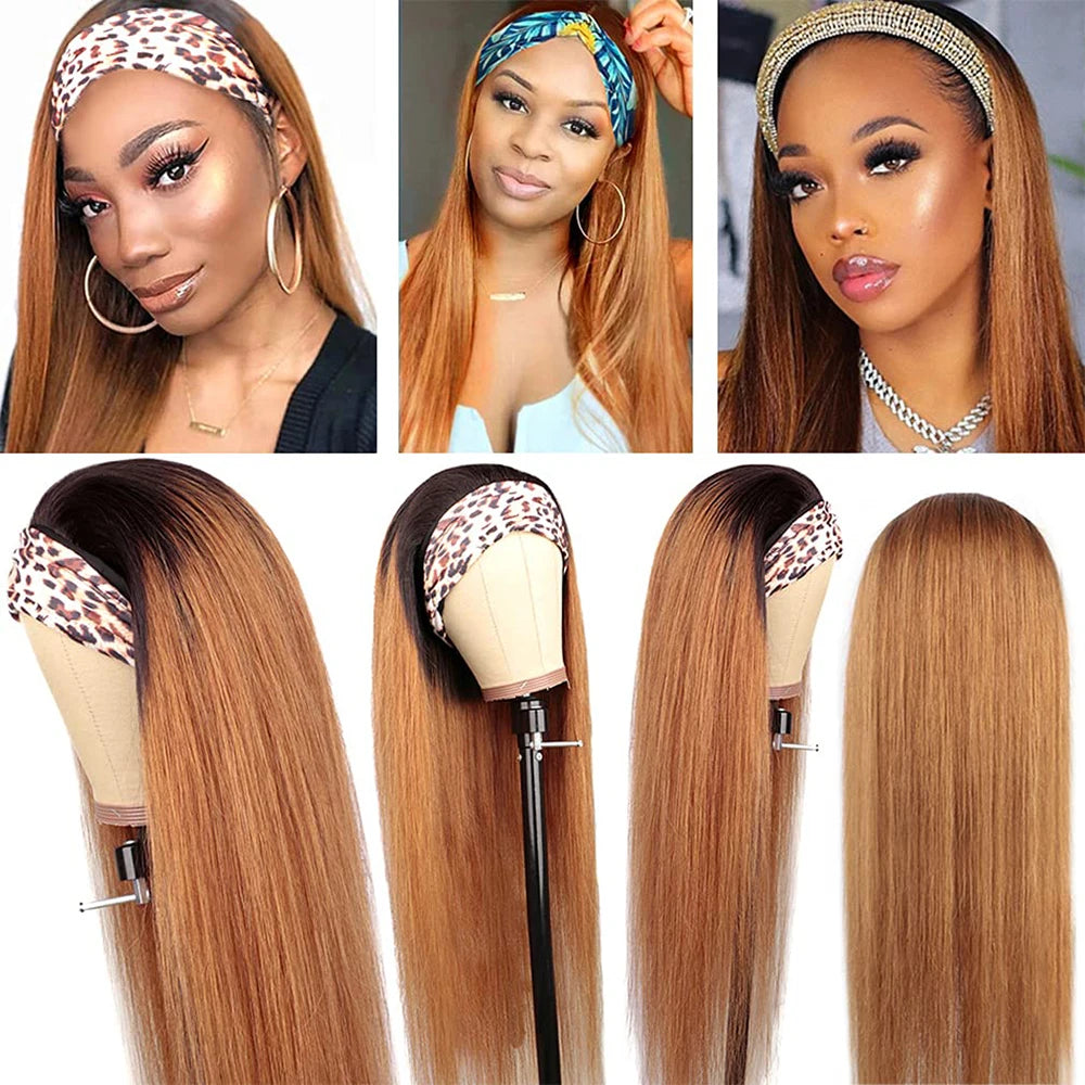 1B30 Ombre Headband Bone Straight Human Hair Wig None Lace Full Machine Made Wigs For Women 150% Density Long Layered Remy Hair