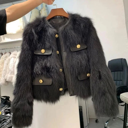 Autumn Winter Short Faux Fur Ladies Coat Round Neck Long Sleeves Fur Female Jacket New Thickening Plush Women Outwear ﻿