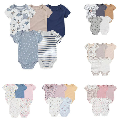 4/5PCS Cotton Bodysuits Print Newborn Baby Girl Clothes Short Sleeve Cartoon Baby Boy Clothes Set Solid Color Summer Bebes