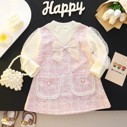 Elegant Children's Dresses For Girls Fashion Bow Long Sleeve Princess Kids Birthday Party Dress Spring Soft Baby Clothes Outfit