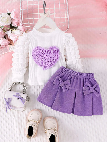 Ceeniu 0-3Y Baby Pink Heart Outfit Long Sleeve High Neck Pink Rose Top and Bow Skirt+Hat 3pcs Toddler Clothing Sets For Girl