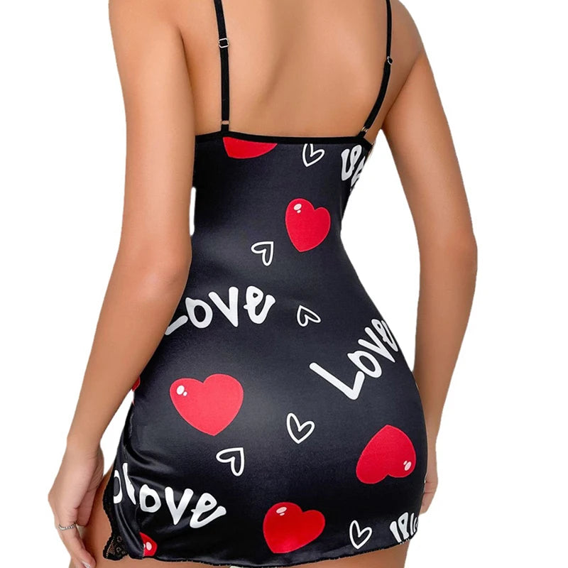 Lace Edge V-Neck Sling Side Split Sleepwear Women's Printed Love Letter Black Home Sling Dress Pajamas