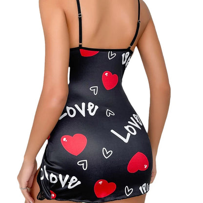 Lace Edge V-Neck Sling Side Split Sleepwear Women's Printed Love Letter Black Home Sling Dress Pajamas