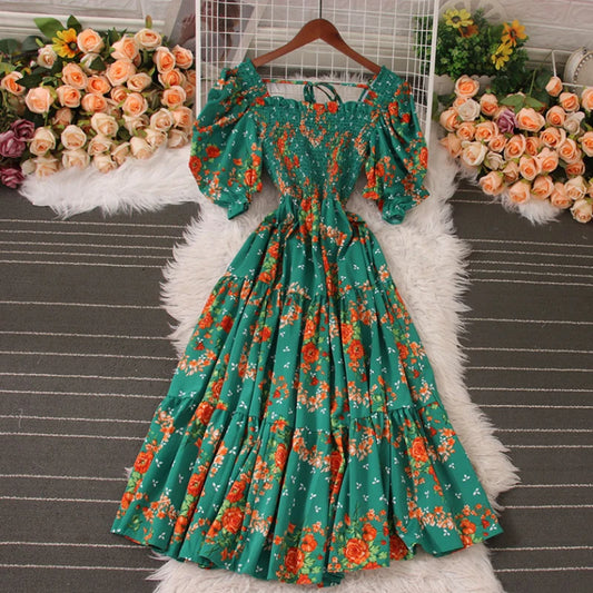 Korean Fashion Floral Print 2024 Party Dress Summer Short Puff Sleeve Vacation Women Long Dress Beach Vestidos