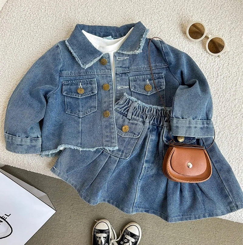 Spring and Autumn Children's Set Retro Collar Long Sleeve Girls' Cowboy Coat+Folded Skirt Set Fashion Baby Clothes