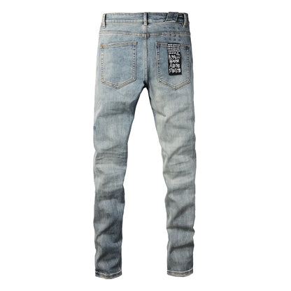 25SS New Men Streetwear Fashion KSUBI Cross Jeans Vintage Wash Do Old Patch Light Blue Stretch Slim Denim Trousers Brand Jeans
