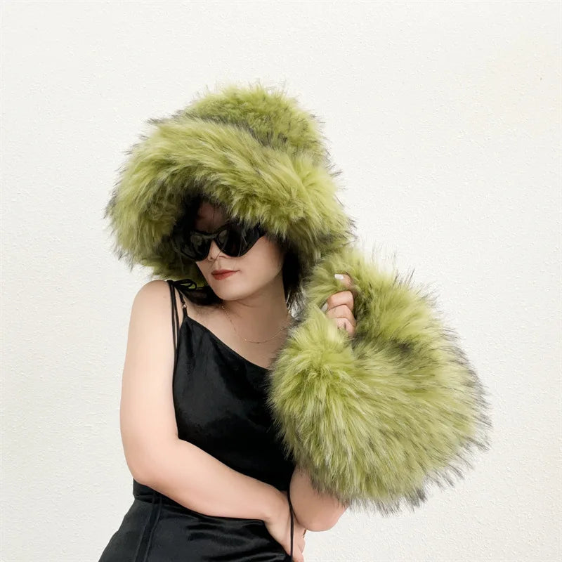 Fur bucket hat and bag set Women's warm plush autumn and winter hat Punk style imitation raccoon fur basin hat and handbag