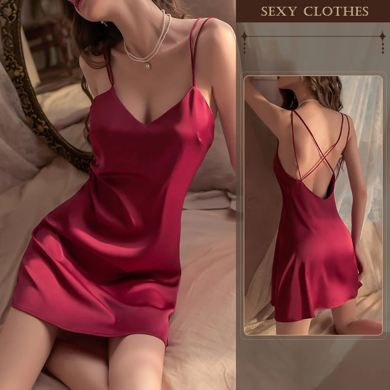 SSLYRJYL Elegant Nightgowns Silk Satin Nightgowns Lingerie  For Women Deep V  Luxury Nightgown Nightdress Women Sexy Sleepwear