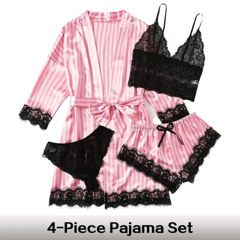 Comfortable Nightwear Lace Satin With Silk Sleepwear Robe Sexy Pajama Pants