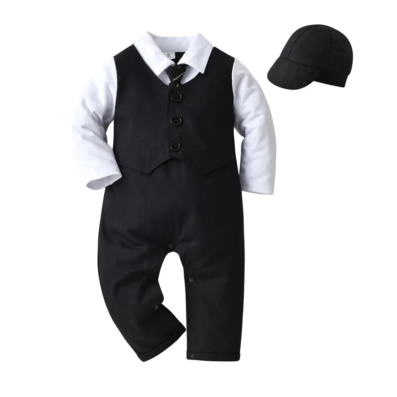 Gentleman Baby Boy Baptism Birthday Clothes Set Formal 0-18 Months Infant Romper Bow Hat 3 PCS Suit Children Christening Outfit