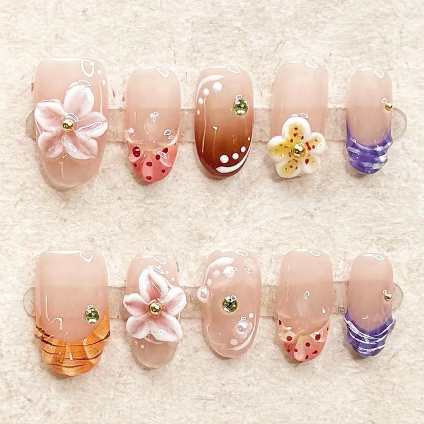 10pcs Handmade Press On Nails 3D Carving Flower Shells False Nails Detachable Summer Almond Pink French Style Fake Nail Tips