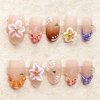 10pcs Handmade Press On Nails 3D Carving Flower Shells False Nails Detachable Summer Almond Pink French Style Fake Nail Tips