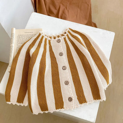INS Spring and Autumn Fashion Net Red Infant and Toddler Girl Baby Foreigner Stripe Knitted Coat+Knitted Skirts Two Piece Set