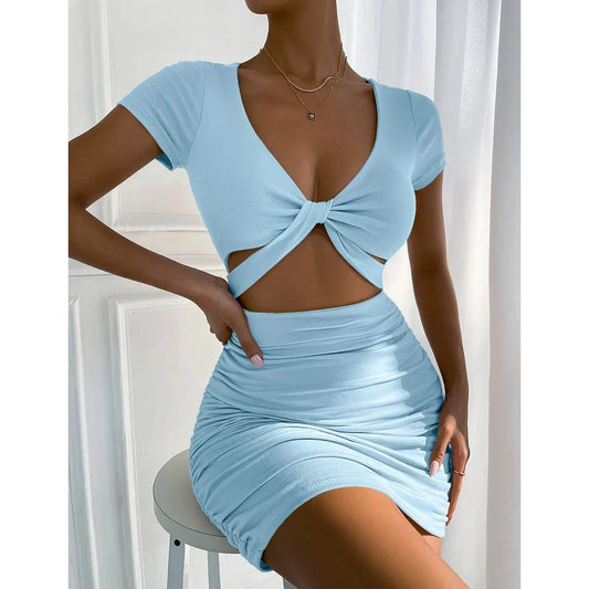 Sexy V-neck Skinny Mini Dress Women's Short Sleeve Hollow Out Pleated Wrap Hip Dress Party Nightclub Short Dress