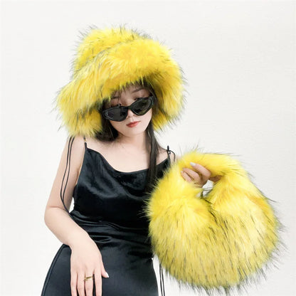 Fur bucket hat and bag set Women's warm plush autumn and winter hat Punk style imitation raccoon fur basin hat and handbag