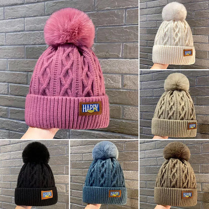 Soft Thick Knitted Beanies Cap With Hairball Winter Warm Lining Velvet Woolen Hat Fashion Twist Weaving Outdoor Causal Women Hat