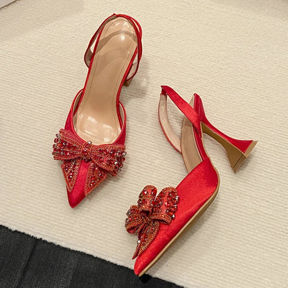 Liyke Fashion Sequined Crystal Bowknot Women Pumps Sexy Pointed Toe Red High Heels Wedding Banquet Shoes Ladies Slingback Sandal