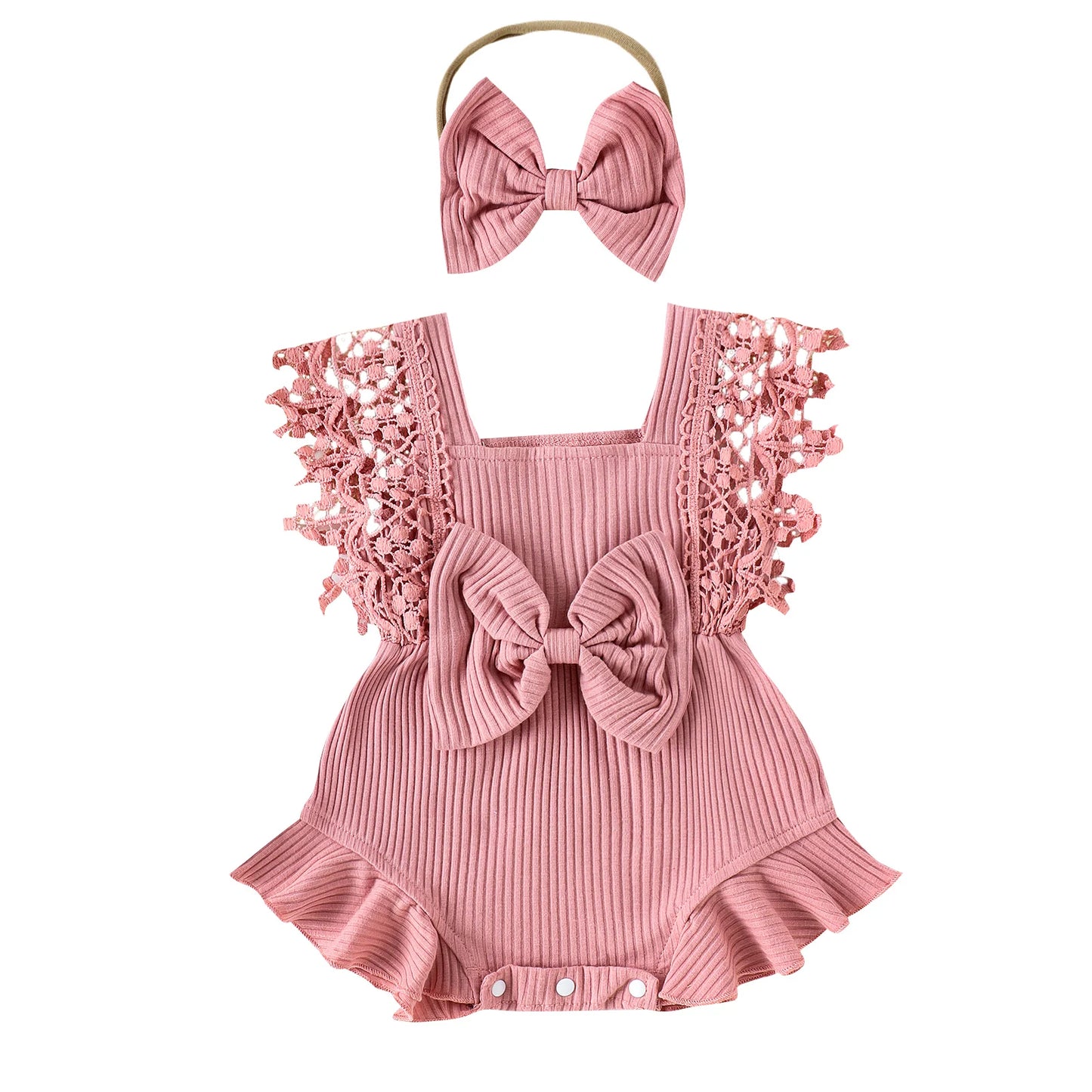 Tregren 0-18M Infant Baby Girls Summer Rompers Cute Lace Sleeve Round Neck Ruffle Bodysuits with Headband Casual Newborn Clothes