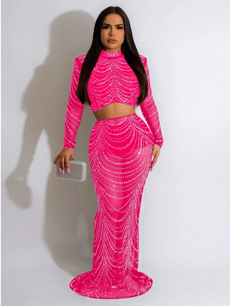 Clothing 2025 Rhinestone Mesh See Through Long Sleeve Dress Set for Women Birthday Sexy Night Club Party 2 Piece Sets Outfit