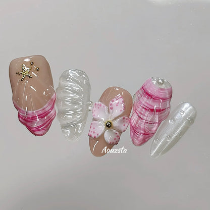 10pcs Handmade Press On Nails 3D Carving Flower Shells False Nails Detachable Summer Almond Pink French Style Fake Nail Tips