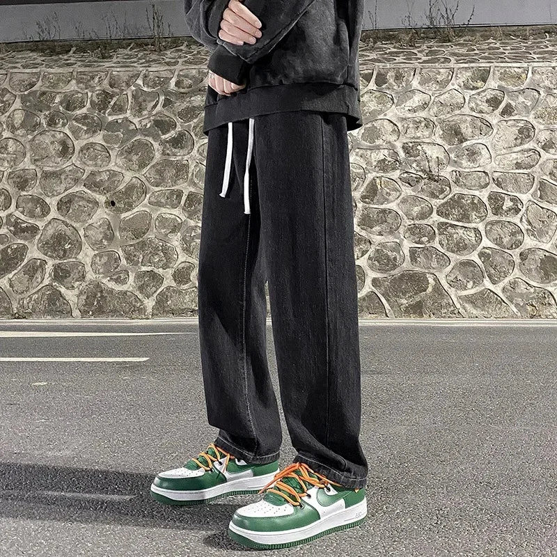 Casual Straight-Leg Jeans Men's Spring New Loose-Fit Elastic Waist American Style Wide-Leg Trousers New Arrival High Street Fash