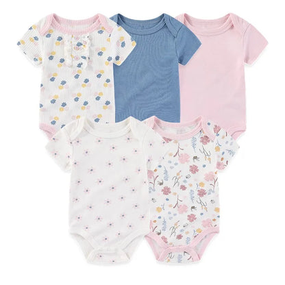 4/5PCS Cotton Bodysuits Print Newborn Baby Girl Clothes Short Sleeve Cartoon Baby Boy Clothes Set Solid Color Summer Bebes